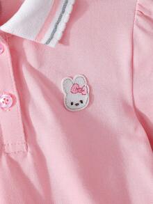 Young Girl Contrast Trim Polo Shirt Short Sleeve Undershirt - Pink - View 4
