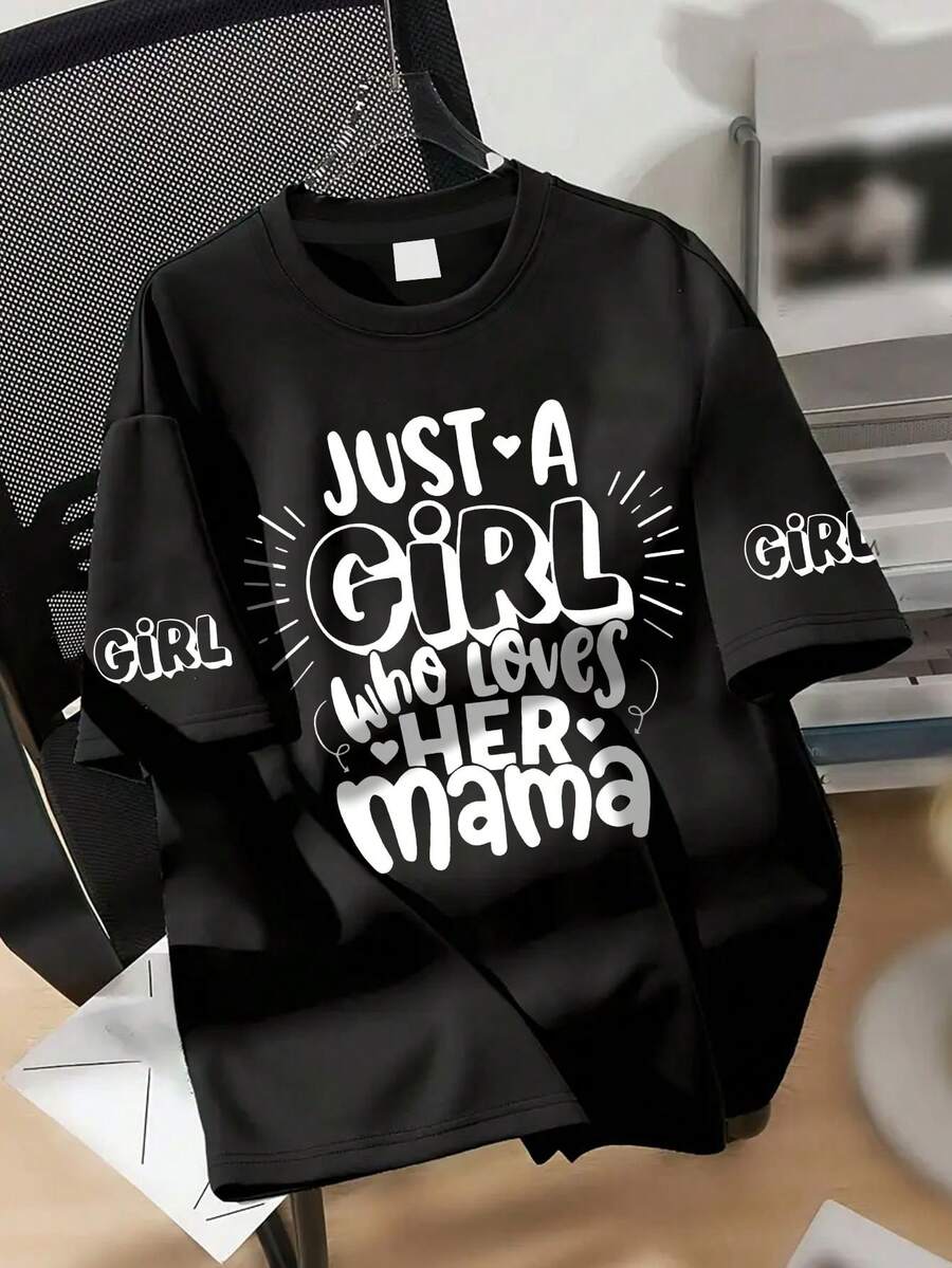 Mother's Day Slogan Print Round Neck T-Shirt, Casual & Soft Summer Top For Teenage Girls - Black - View 1