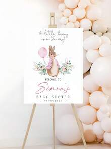 1pc Customized Baby Shower Welcome Sign, With Personalized Name And Date - Cute Rabbit And Floral Pattern, Soft Pink And Green Tones, Suitable As Gift For Birthday, Shower, Gender Neutral Party - Multicolor - View 8