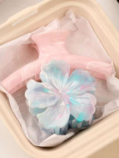 2 Pcs/1 Pc Women's 8 Cm/3.15 Inch Y2K Aesthetic Hair Claw: Soft Pink With Iridescent Floral Patterns, Creating A Playful And Nostalgic Vibe. Large Lightweight Plastic Hair Clip, Fashionable And Versatile, High-End Elegant, Minimalist Solid Color Hair Accessory.