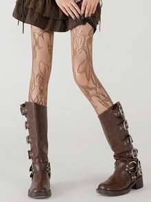 1pc Floral Fishnet Stockings, Y2K Baddie Aesthetic Black Mesh Tights, Pair With Thigh High Boots - Multicolor - View 15