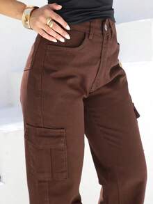SAINT ELIAN Calça Cargo Wide Leg Pantalona Cintura Alta Tecido Grosso Linha Premium - CAFÉ - Visão 3