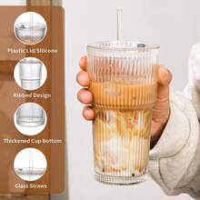 Set de 2 botellas de agua de gran capacidad de 600ml/21oz, nuevo vaso de vidrio de verano para mujeres con tapa y pajita, vaso de vidrio a rayas verticales - Multicolor - Ver 13
