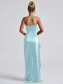 Sy-Elegant Sexy Satin Strapless Off Shoulder Frill Trim Waist Party Dress, Bridesmaid Dress, Formal Gown. - 淺藍色 - 查看 6