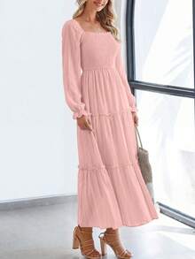 PRETTYGARDEN Women Elegant  Maxi Dresses For Fall Boho Long Sleeve Smocked A Line Ruffle  Wedding Guest Holiday Party Long Dress With Pockets New Years Valentine Vacation Spring Dresses For Women Vestidos Elegantes De Mujer - 粉色 - 查看 2