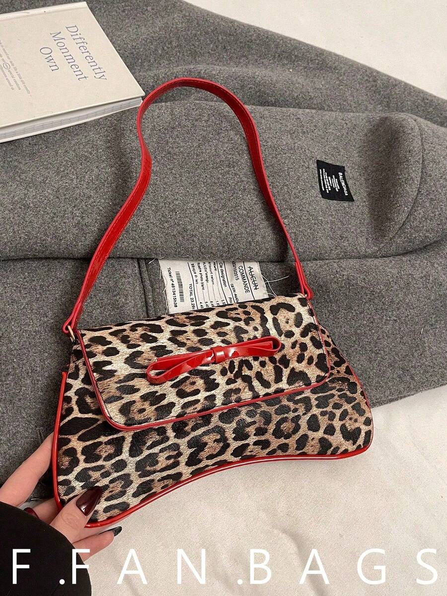 This New Shoulder Bag Features A Simple And Stylish Design, Decorated With A Leopard Print Pattern And Striking Color Contrast. It Has A Foldable Design, Allowing It To Be Used As Both A Clutch And A Shoulder Bag. It Is Perfect For Daily Outings, Shopping, Office, Parties, Vacations, And Short Trips. Its Burgundy Color Is Very Versatile. - Red - View 1
