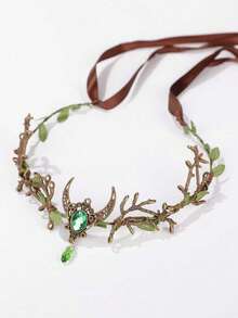 1pc Vintage Elegant Headpiece, Made Of Metal Inlaid With Crystals, Featuring Forest Branch Design Hair Accessory - Dark Green - View 10
