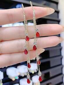 1 Pair Red Teardrop Earrings With Long Tassel, Korean Elegant Sparkling Earrings That Flatter The Face, Anti-Lost Earring Pendant - Red - View 5