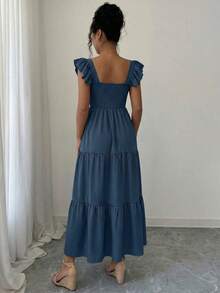 Summer Square Neck Backless Smocked Dress Women's Sleeveless Ruffle Trim Tiered Cami Midi Beach Vacation Dress - 藏蓝色 - 查看 6
