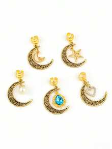 5pcs Moon, Star & Heart Shaped Hollow Pearl Inlaid Rhinestone Hair Clips, Fashionable Hair Accessories, Essential For Girls - Gold - View 3