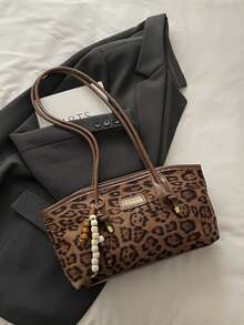 1个绗缝拉链PU纯色保龄球包，大容量手提包，新款时尚纹理单肩包，复古风格美拉德腋下通勤包，带绳结吊坠，适合女性日常使用 - 彩色 - 查看 2