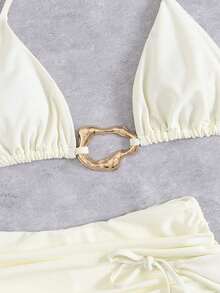 3pcs/Set Summer Sexy Solid Color Ruffled Halter Bikini With Drawin String, Beach Resort Swimsuit With Mesh Skirt - trắng - Xem 6