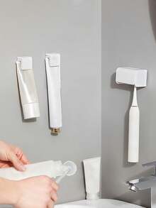 Soporte para cepillo de dientes montado en la pared con tapa, estante de almacenamiento para cepillo de dientes eléctrico, organizador de pasta de dientes, soporte para cepillo de dientes y dispensador de pasta de dientes montado en la pared sin taladro de múltiples funciones, almacenamiento y organización para el baño, artículos esenciales para el baño, decoración del baño del hogar - Multicolor - Ver 4