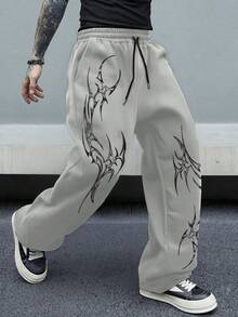 Gothic Style Printed Straight-Leg Sweatpants, Loose Fit, Unisex, Streetwear Casual, Comfortable Sports Wear, Trousers - Màu Xám nhạt - Xem 2