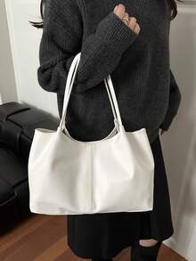 新款法式大容量手提包，独特设计女士通勤上学手提包/单肩包 - 白色 - 查看 4