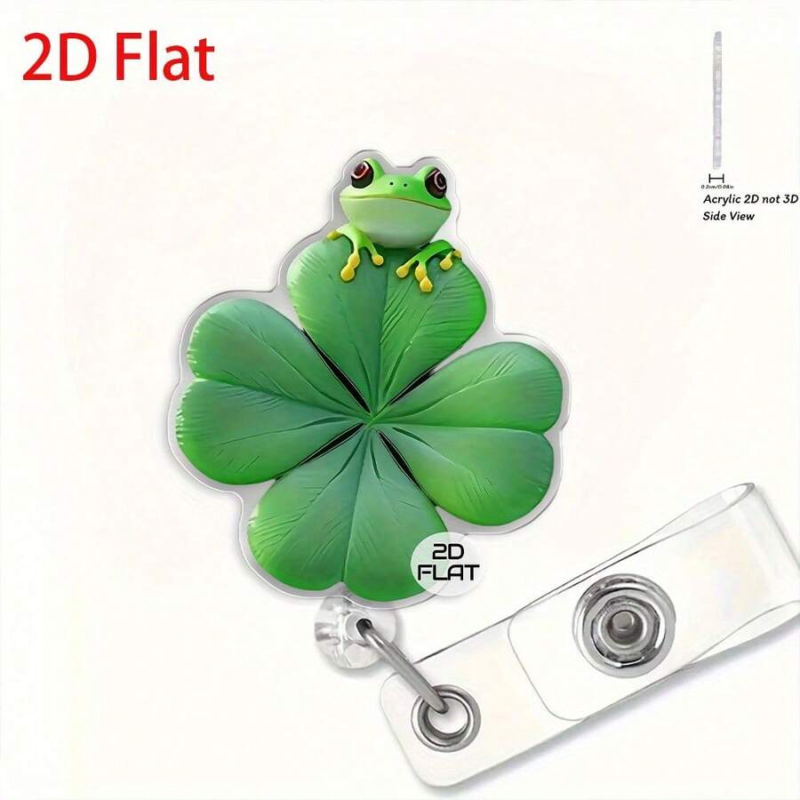1个复活节2D扁平可爱可伸缩ID卡套，护士证件卷轴，办公挂绳 - 綠葉上的青蛙 - 查看 1