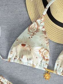 Women White Brown Celestial Sun Moon Star Print Bikini Set Triangle Halter Sliding Cup Wide Strap Bikini Top Sun Pendant Detail Adjustable Bottom Low Rise High Cut Sexy Summer Beach Vacation Bikini - White - View 4