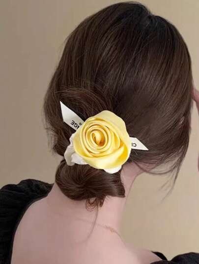 1pc Creamy Yellow Satin Flower Scrunchie, Elegant Hair Tie For Bun Ponytail Holders Scrunchy Hair Ties