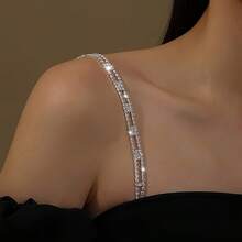 2pcs Minimalist Fashion Crystal Metal Chest Strap, Crystal Bustier Strap, Off-Shoulder Body Chain - Silver 2PCS - View 1