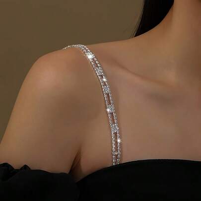 2pcs Minimalist Fashion Crystal Metal Chest Strap, Crystal Bustier Strap, Off-Shoulder Body Chain