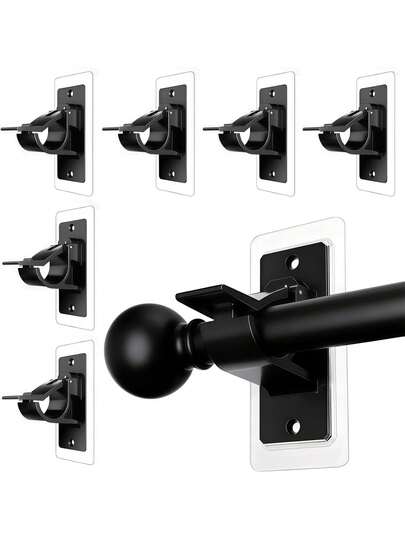 6pcs Adhesive Window Rod Holder Without Drilling, Suitable For Tenant's Curtain Rod Bracket, Adjustable Self-Adhesive Rod Bracket, Nail Free Rod Hook On Curtain Rod Hook, Bathroom Curtain Hanger, Bedroom, Kitchen, Living Room, Black
