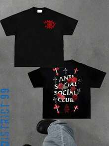 Large Size Anti Social Club Graphic Cropped T-Shirt For Boys And Girls Men, Women All Ages Family T-Shirt Letter New Streetwear Clothing Harajuku T-Shirt Cotton Half Sleeve Tee, Y2K Style Casual Cotton Classic Crewneck Design Tee - Black - View 1