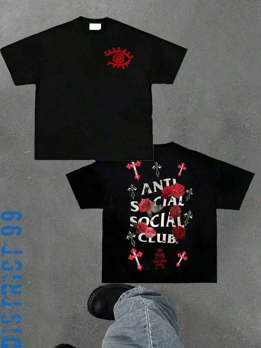 Large Size Anti Social Club Graphic Cropped T-Shirt For Boys And Girls Men, Women All Ages Family T-Shirt Letter New Streetwear Clothing Harajuku T-Shirt Cotton Half Sleeve Tee, Y2K Style Casual Cotton Classic Crewneck Design Tee - Black - View 1