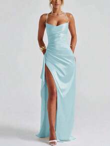 Sy-Elegant Sexy Satin Strapless Off Shoulder Frill Trim Waist Party Dress, Bridesmaid Dress, Formal Gown. - 淺藍色 - 查看 4