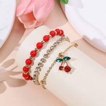 3 piezas Pulsera con colgante de cereza con cuentas de moda y capas, adecuada para mujeres - cereza - Ver 3