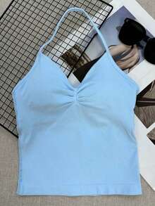 Women's Yoga Sports Bra Sleeveless Cropped Activewear Top, Elastic Fitness Workout Top, Breathable - Baby Blue - Xem 13