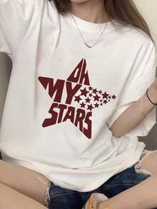 Japanese Women's Spring And Summer Pure Cotton Crew Neck Loose Fit 100 Pieces Simple Print Short Sleeve T-Shirt - White - View 1