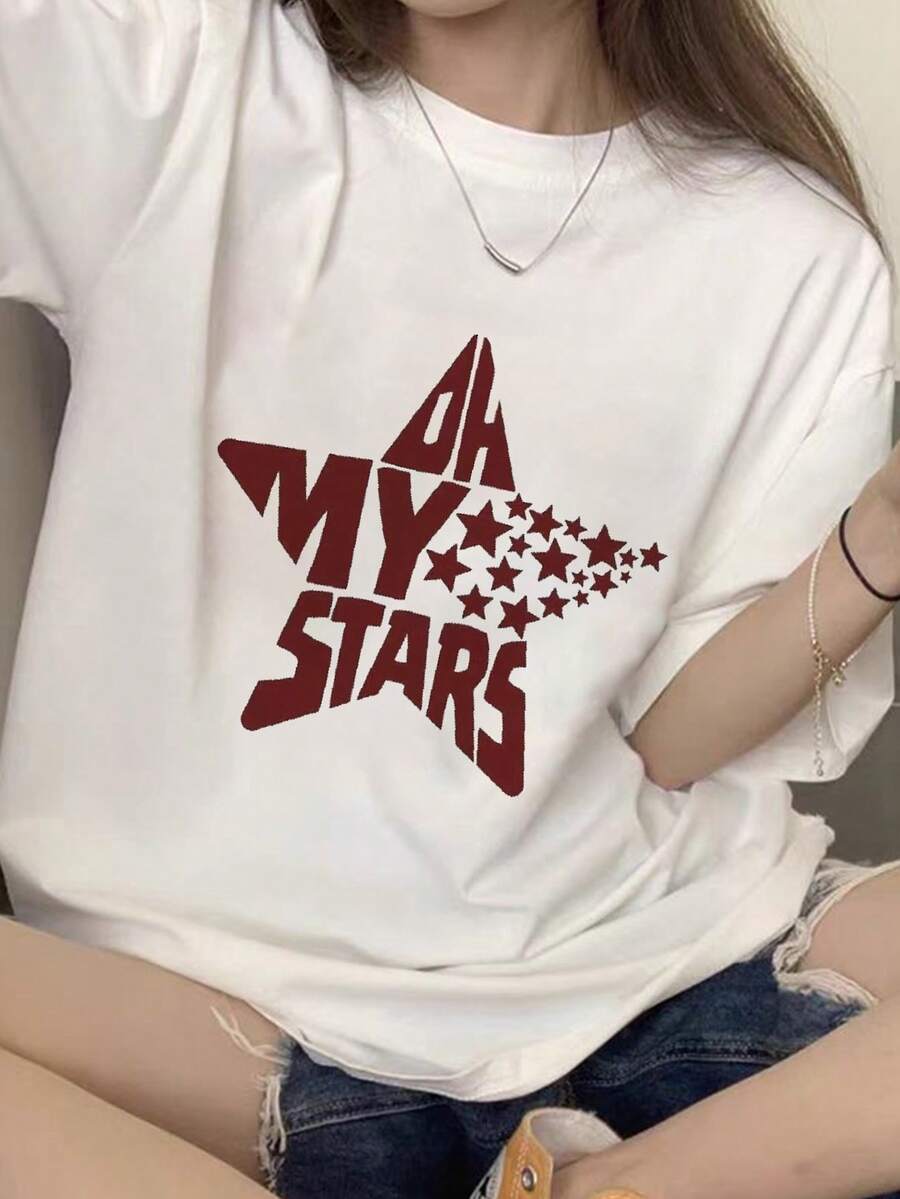 Japanese Women's Spring And Summer Pure Cotton Crew Neck Loose Fit 100 Pieces Simple Print Short Sleeve T-Shirt - White - View 1