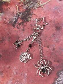 Spider, Star, Fish, Kitty Chain, Rhinestone Spider Web Keychain Bracelet Bag Charm, Unisex, Holiday Gift, Valentine's Day - Silver - View 1