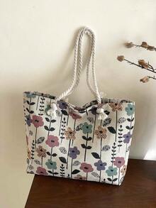 New Large Capacity Commuter Tote Bag, Floral Fabric Tote Bag With Lining - Beige - View 3