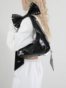 Black Retro Studs Bowknot Decoration Soft Leather Shoulder Bag, Large Capacity 2-In-1 Crescent Bag, Suitable For Work, Casual, Travel, Shopping, Dating, Gift For Young Women, College Students, Office Ladies - 黑色 - 查看 2