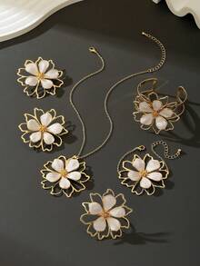 1 Set Women Jewelry Set: 1pc White Drip Oil Double-Layer Floral Pendant Necklace, 1 Pair Earrings, 1 Ring, 1 Bracelet, 1 Bangle - White - View 4