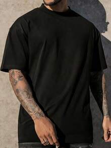 男士休闲纯色短袖T恤，适合夏季，舒适透气，款式新颖 - 黑色 - 查看 4