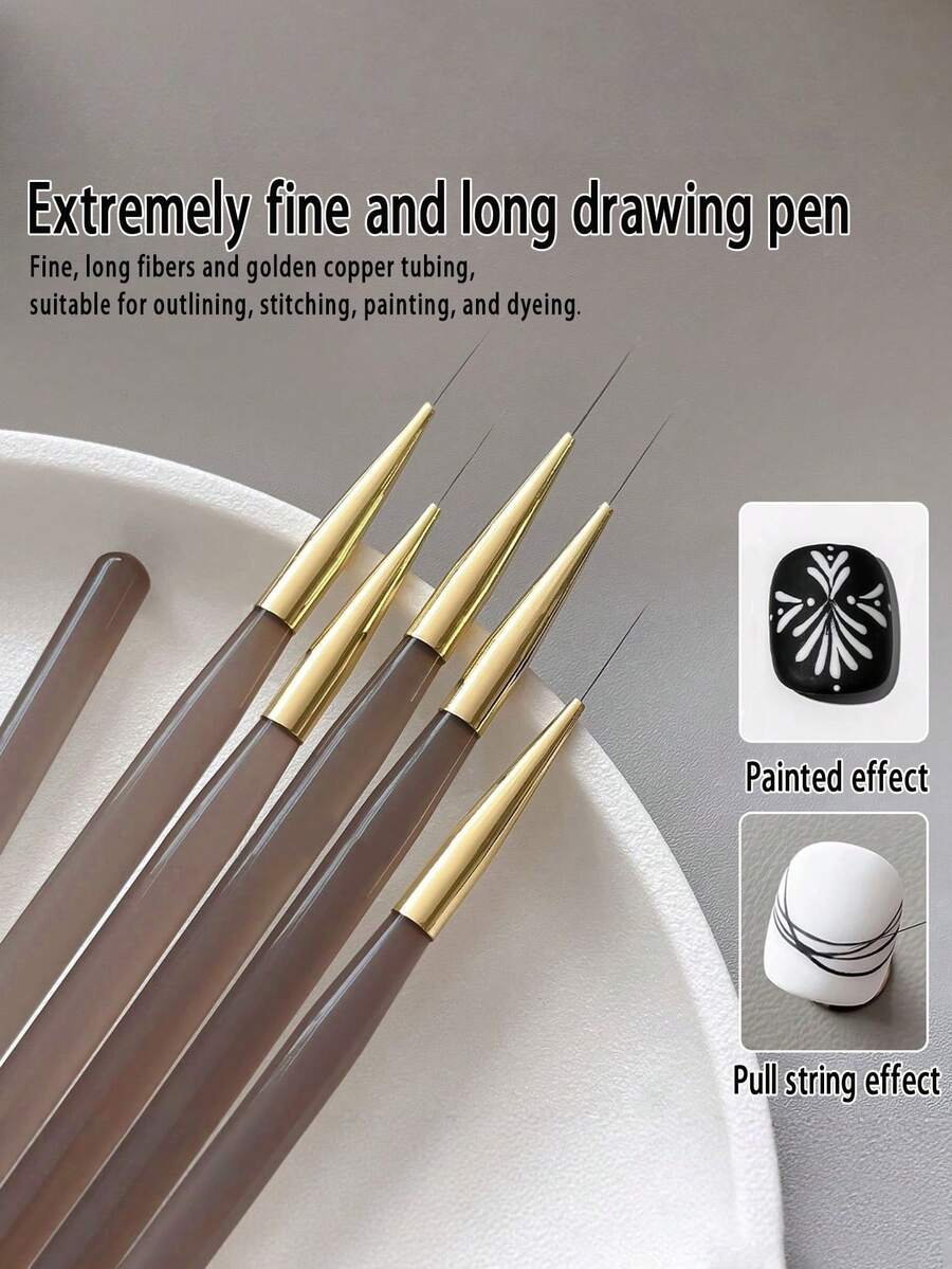 5-Piece Ultra-Fine Nail Art Detail Brush Set - Brown. These Fine Drawing Brushes Are Used To Create Delicate Lines. They Are Easy To Use, Made Of Soft Material, And Are Suitable For DIY Nail Art. Odorless Professional Nail Art Tools And Supplies, Suitable For Professional Nail Technicians And Beginners. A Great Gift For Women, Especially For Christmas.