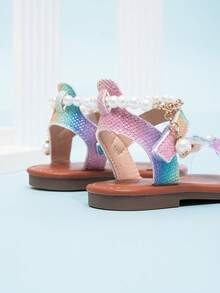 Cute White Infant Sandals With Pearl Chain & Hook And Loop Ankle Strap - Multicolor - View 3