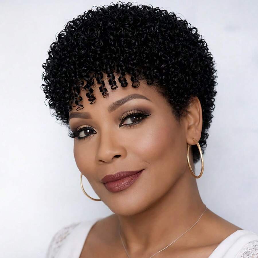 Women'S Brazilian Human Hair Wig - Afro Kinky Curly Pixie Cut With Bangs | 3inch Short Water Curly Wig, 200% Density Hairpiece, Real Human Hair For Party And Cosplay - Natural Black - Xem 1