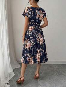 Summer Boho Floral Tiered Dress Women's Short Sleeve Crewneck Tie Front Pleated Flounce Hem Maxi Beach Vacation Dress - Màu xanh hải quân - Xem 6