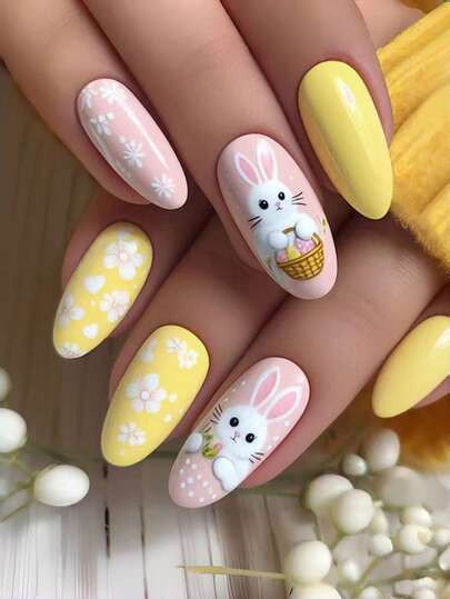 24pcs Easter Theme Oval Nail Stickers, Featuring Pink And Yellow Rabbit Patterns, Glossy Finish, Fully Cover Artificial Nails, Cute Bunny Design, Suitable For Daily Wear. Almond-Shaped False Nails, Suitable For Ladies To Wear On Holidays And Parties.