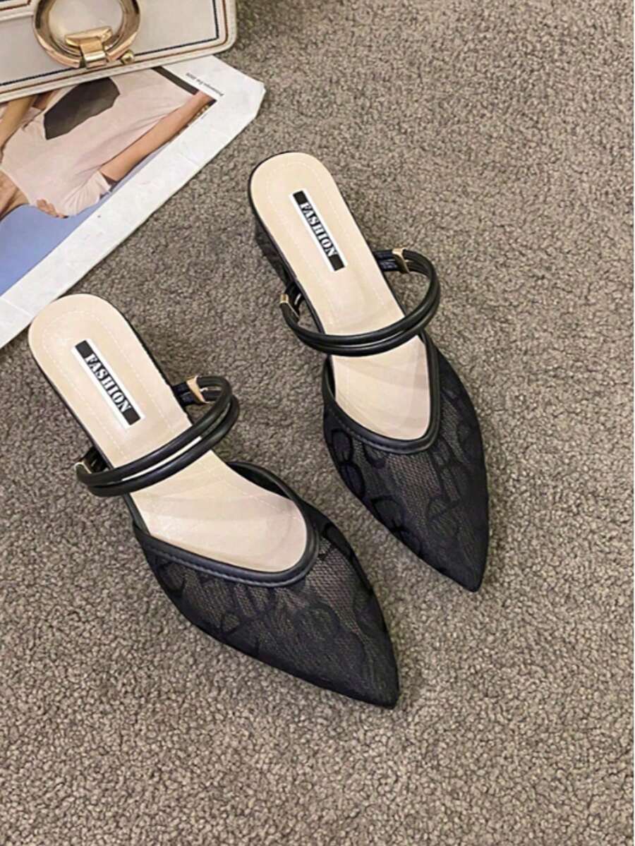 New Mesh Pointed Toe Chunky Heel Sandals Mules Two-Way Wear Pumps,Summer Shoes