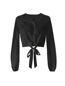 Elegant And Versatile Blouse With A Solid-Color Front Knot, Perfect For Everyday Casual Wear, At Home, For Work, And For Dates. - 黑色 - 查看 3