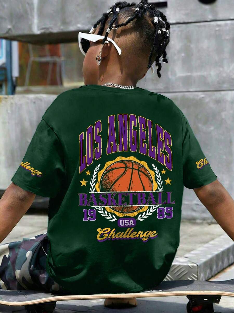 Tween Boy Cartoon Basketball And Letter Print Crew Neck T-Shirts Summer Boy's Csual Tee Soft Tops,1pc Boys Crew Neck Oversize T-Shirt, Retro Los Angeles Basketball Graphic Print, Soft & Cozy Fabricideal For Daily Play, Casual Outings, And Sporty Spring/Summer Gatherings. - Dark Green - View 1