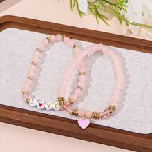 2件套简约心形合金吊坠，亚克力字母和水晶串珠弹力手链，适合女性佩戴 - 心 - 查看 4