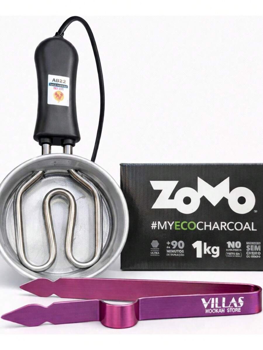 1kg Carvão Coco Zomo + Panelinha 220v Média +pegador - Rosê - Visão 1