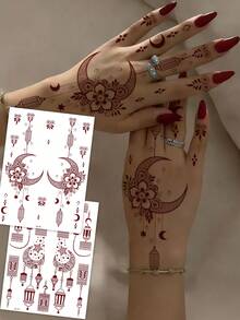 2pcs Reddish Brown Henna Waterproof Temporary Tattoo Stickers With Moon, Star, Floral, Chain Designs, Simple Hand Tattoos, Suitable For Makeup Events, Parties, Performances, Decorations, Dates, Weddings - Brown - View 8