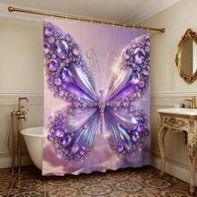 “奢华紫色水晶蝴蝶浴帘，粉色缎面背景上镶嵌闪亮紫水晶钻石蝴蝶图案，防水防霉涤纶浴帘套装，含12个挂钩，魅力少女浴室装饰，高端闪亮美学家居卫生间装饰礼品” - 紫 - 查看 2