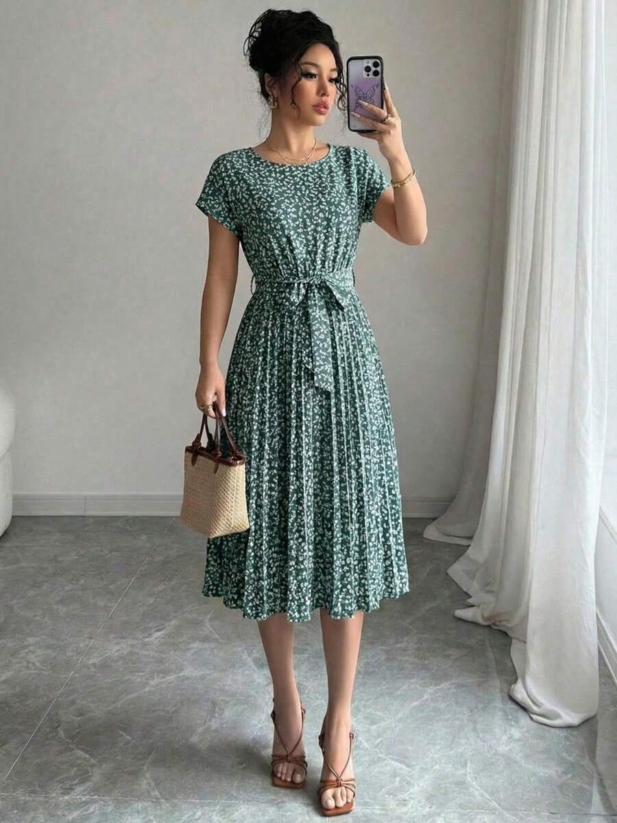 Summer Boho Floral Print Dress Women's Batwing Short Sleeve Tie Front Pleated Flounce Hem Casual Beach Vacation Maxi - 綠色 - 查看 1